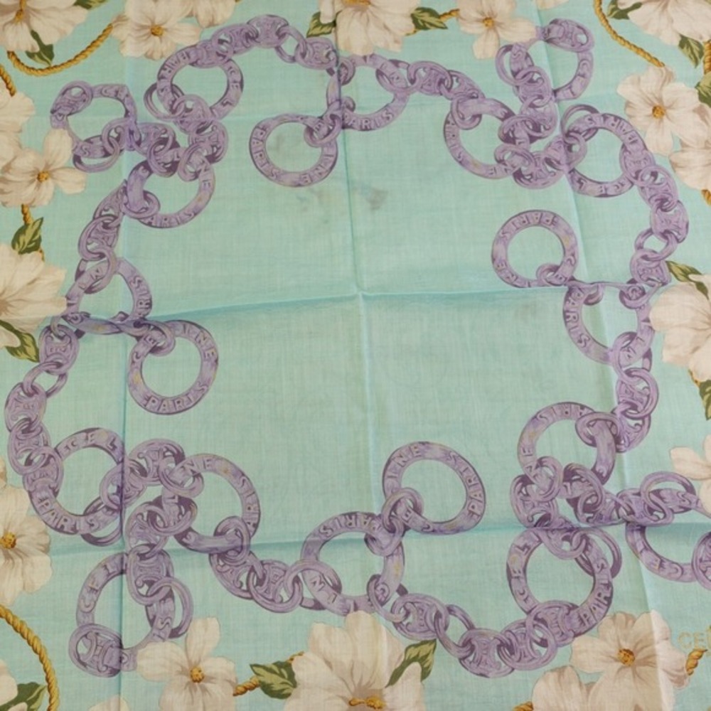 90s VTG CELINE Paris Handkerchief Blue Hibiscus Chain Link Scarf AUTH Luxe 20x19 - Picture 10 of 13